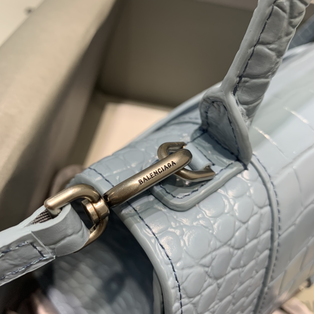 Balenciaga Hourglass Small Handbag Crocodile Embossed Shoulder Bag Haze Blue